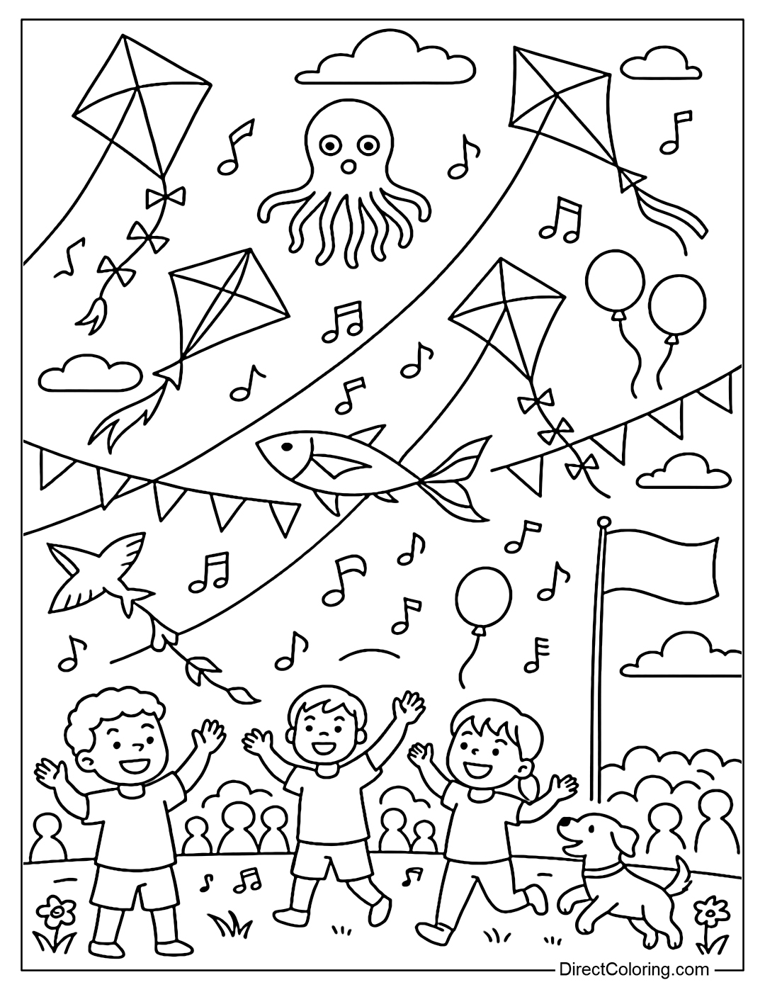 Coloring page of sky full of kites on festival day, with flags, balloons and music.